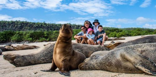 Familia posando con una colonia de lobos marinos en la Isla Santa Fe