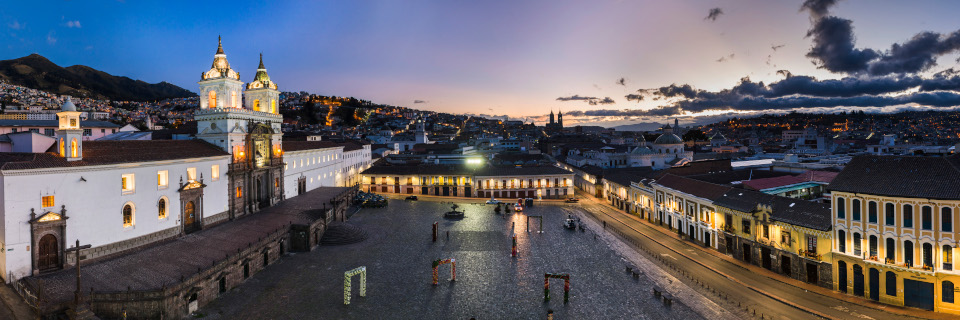 Plaza de San Francisco and Church and Convent of San Francisco at night, Old City of Quito, Ecuador, South America
