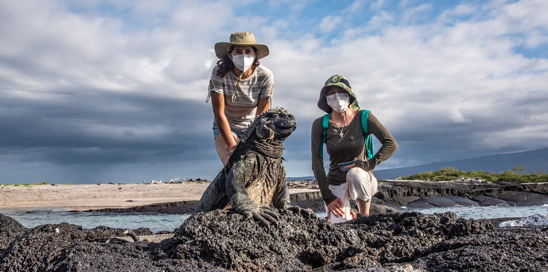 tourists face mask marine iguana galapagos ecuador