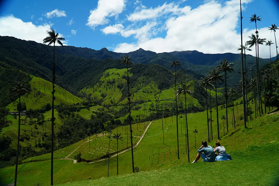 Two people sit on a lush green hillside overlooking the iconic towering wax palms and rolling mountains of the Cocora Valley in Colombia's Coffee Region