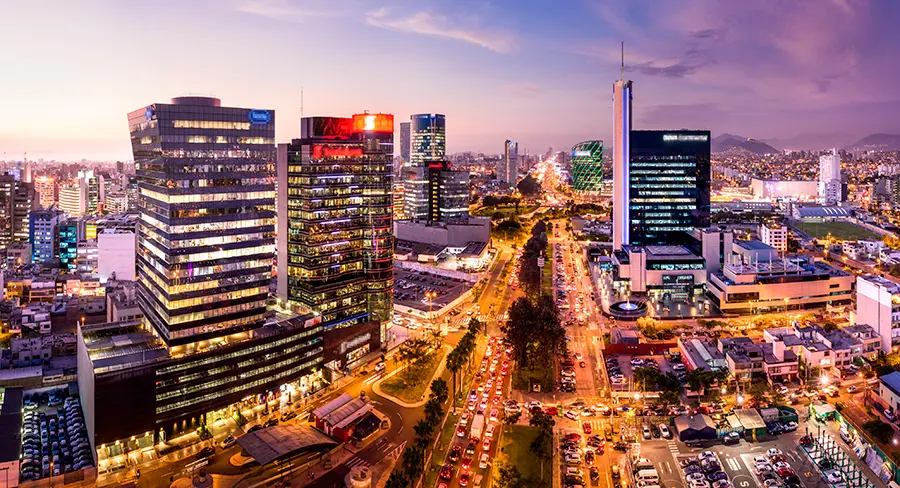 Sunset over the San Isidro District in Lima, Peru